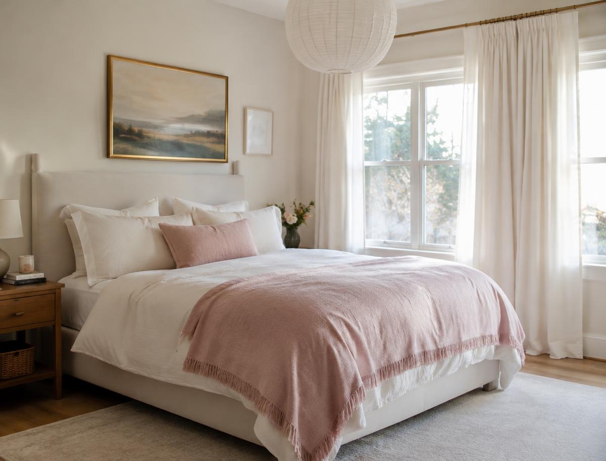 Calm bedroom with white linens and a blush throw