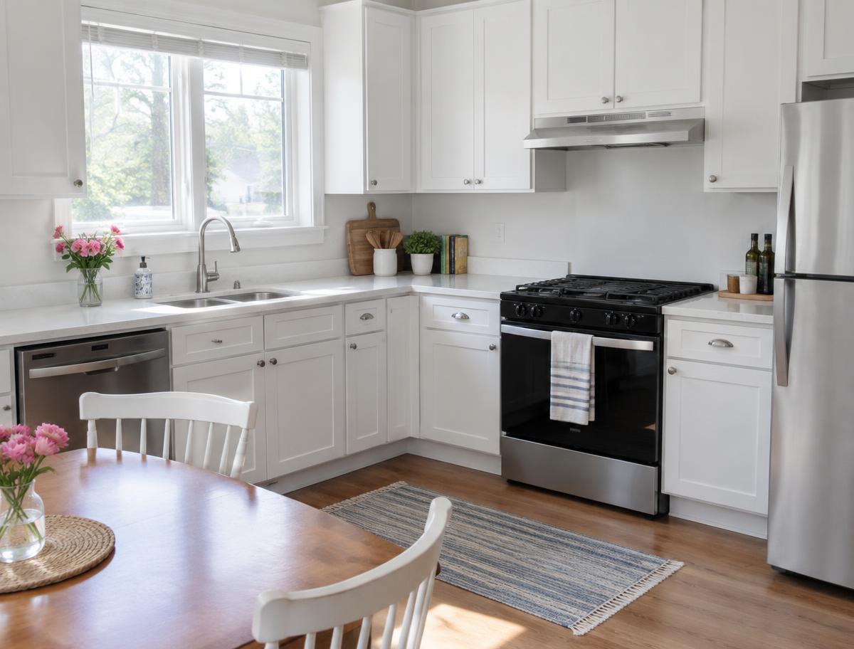 Clean white kitchen with daylight from a window